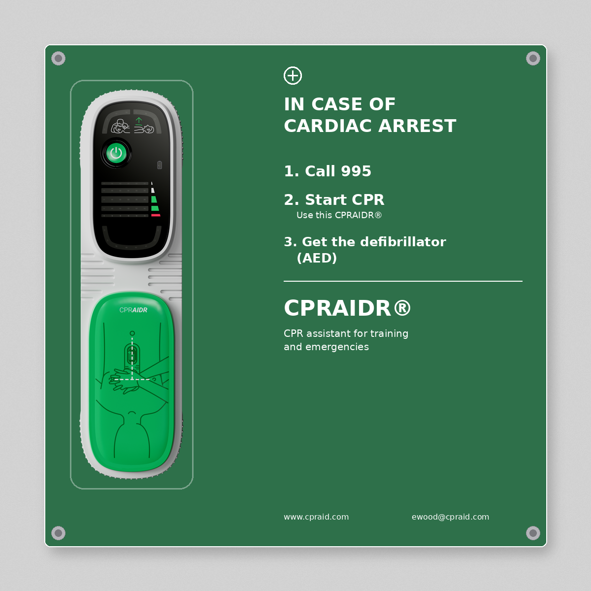 CPRAIDR wall-mounted with information plaque